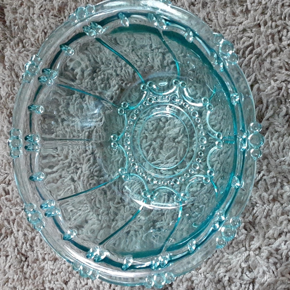Beautiful Vintage KIG glass Aqua pearl and beaded candy bowl.